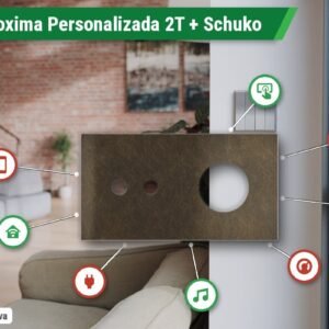 Placa Proxima Personalizada – Botoeira 2T + Tomada Schuko/FR/IL – Metal Bronze Corked