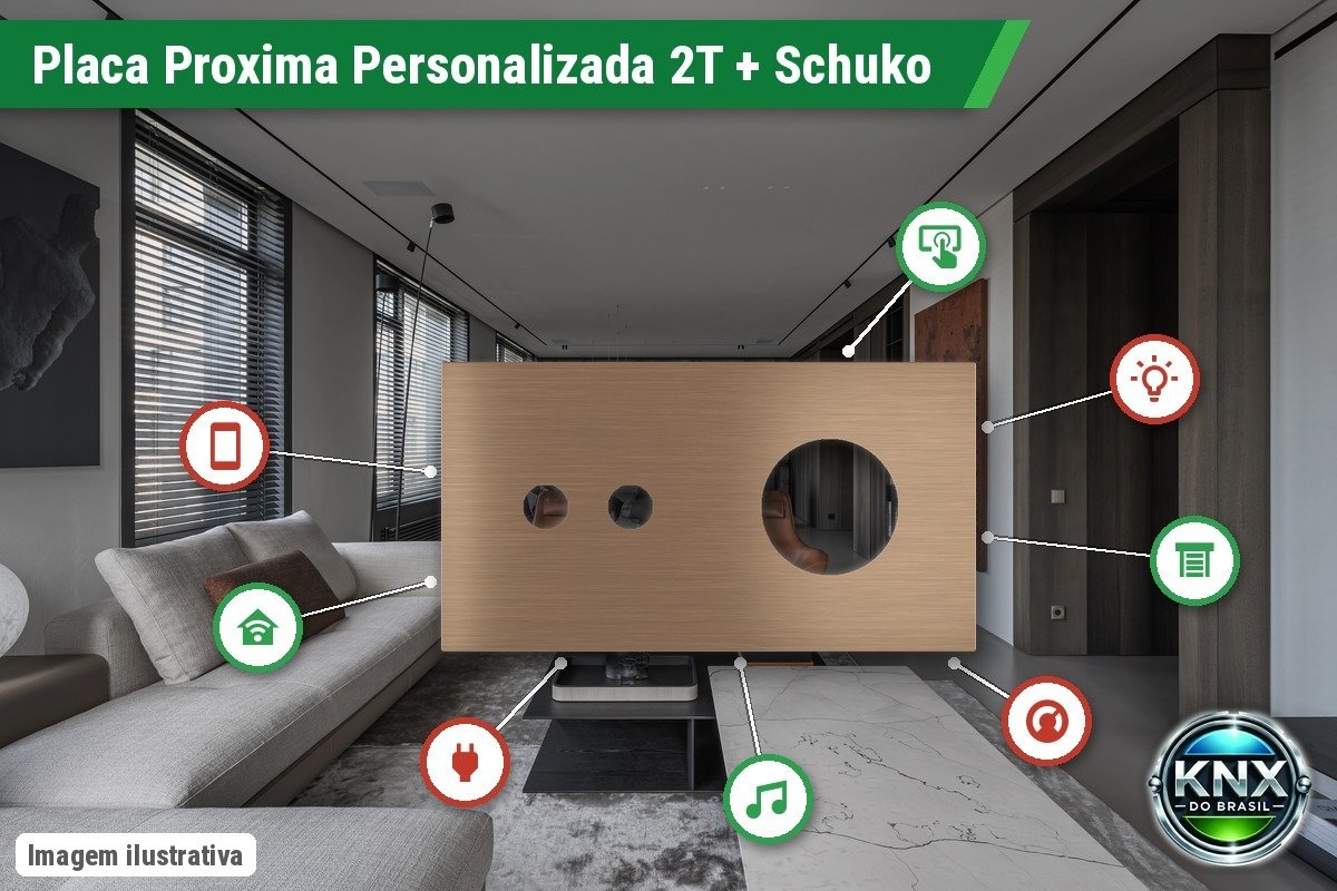 Placa Proxima Personalizada – Botoeira 2T + Tomada Schuko/FR/IL – Metal Dark Chocolate