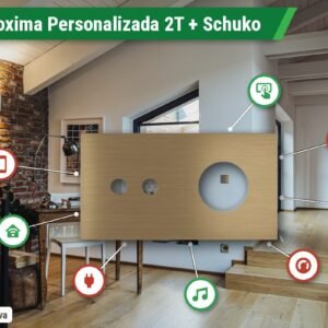 Placa Proxima Personalizada – Botoeira 2T + Tomada Schuko/FR/IL – Metal Latão Envelhecido