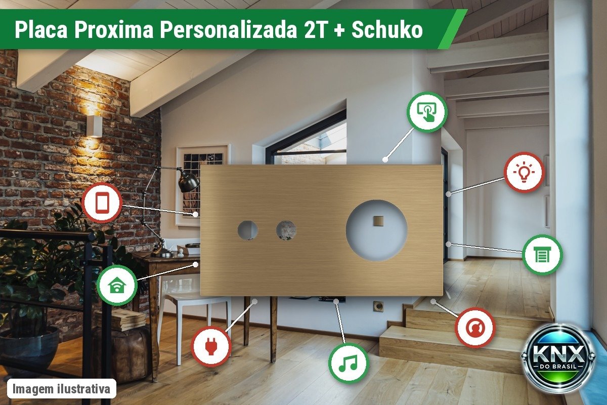 Placa Proxima Personalizada – Botoeira 2T + Tomada Schuko/FR/IL – Metal Latão Envelhecido