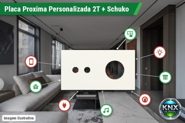 Placa Proxima Personalizada – Botoeira 2T + Tomada Schuko/FR/IL – Metal Branco Quente Placa Proxima Personalizada – Botoeira 2T + Tomada Schuko/FR/IL – Metal Branco Quente