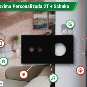 Placa Proxima Personalizada – Botoeira 2T + Tomada Schuko/FR/IL – Metal Preto Intenso