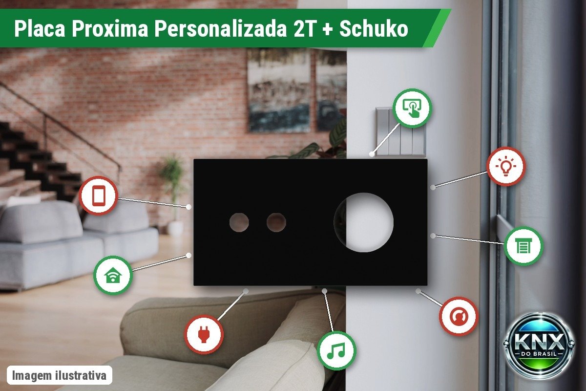 Placa Proxima Personalizada – Botoeira 2T + Tomada Schuko/FR/IL – Metal Preto Intenso