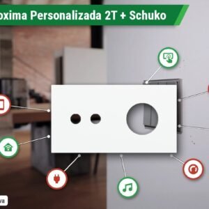Placa Proxima Personalizada – Botoeira 2T + Tomada Schuko/FR/IL – Metal Branco Puro