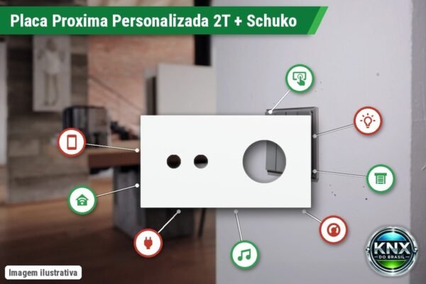 Placa Proxima Personalizada – Botoeira 2T + Tomada Schuko/FR/IL – Metal Branco Puro