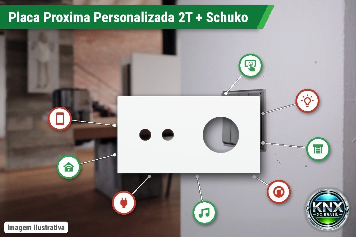Placa Proxima Personalizada – Botoeira 2T + Tomada Schuko/FR/IL – Metal Branco Puro