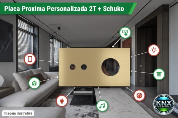 Placa Proxima Personalizada – Botoeira 2T + Tomada Schuko/FR/IL – Metal Latão