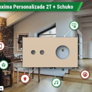 Placa Proxima Personalizada – Botoeira 2T + Tomada Schuko/FR/IL – Metal Bege Luxor