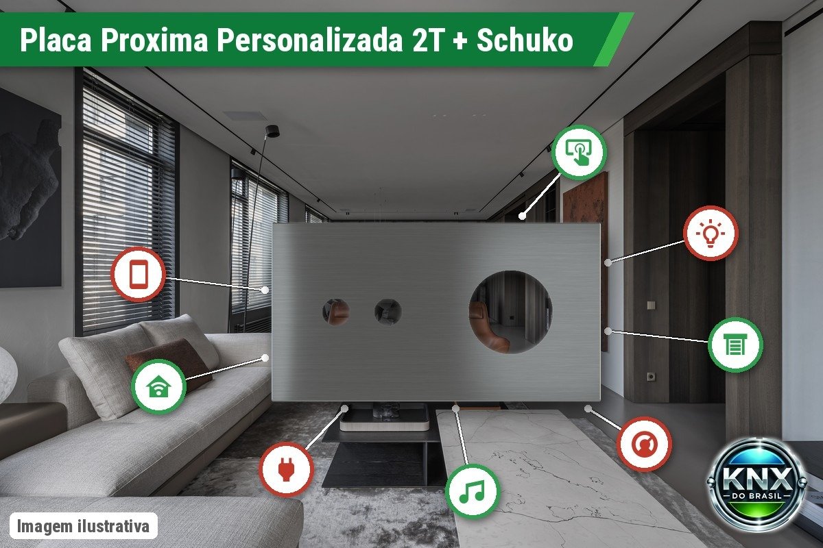 Placa Proxima Personalizada – Botoeira 2T + Tomada Schuko/FR/IL – Metal Quantum Carbon