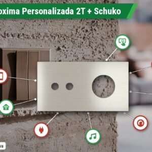 Placa Proxima Personalizada – Botoeira 2T + Tomada Schuko/FR/IL – Metal Aço Escovado