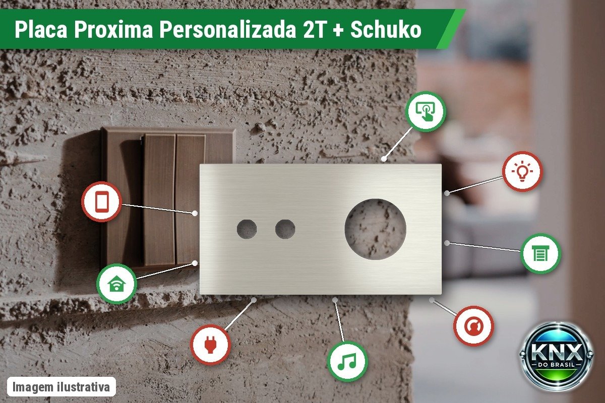 Placa Proxima Personalizada – Botoeira 2T + Tomada Schuko/FR/IL – Metal Aço Escovado