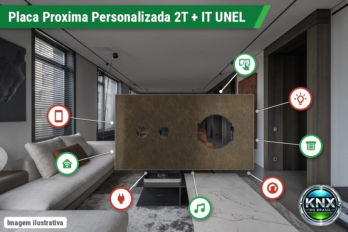 Placa Proxima Personalizada – Botoeira 2T + Tomada IT UNEL – Metal Bronze Corked