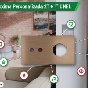 Placa Proxima Personalizada – Botoeira 2T + Tomada IT UNEL – Metal Dark Chocolate