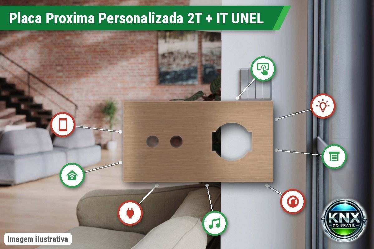 Placa Proxima Personalizada – Botoeira 2T + Tomada IT UNEL – Metal Dark Chocolate