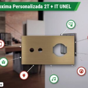 Placa Proxima Personalizada – Botoeira 2T + Tomada IT UNEL – Metal Latão Envelhecido