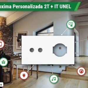 Placa Proxima Personalizada – Botoeira 2T + Tomada IT UNEL – Metal Branco Puro