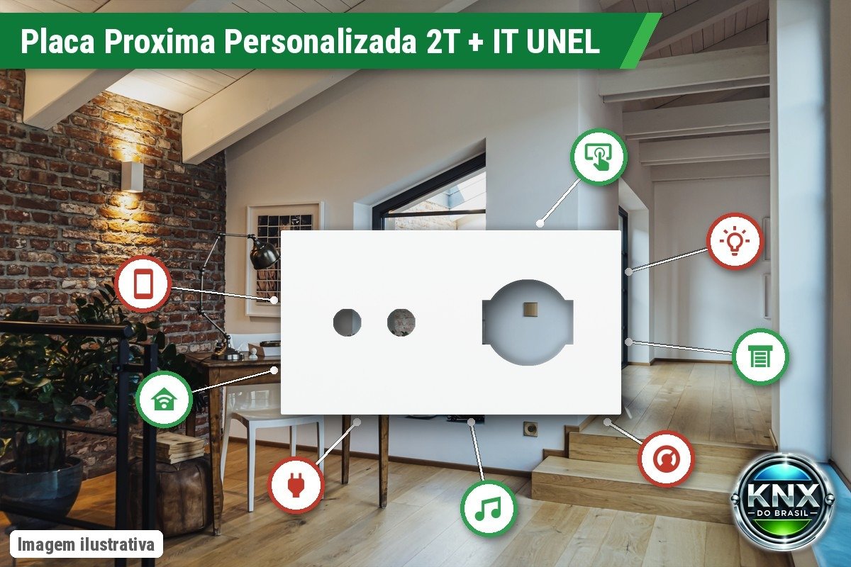 Placa Proxima Personalizada – Botoeira 2T + Tomada IT UNEL – Metal Branco Puro