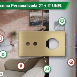 Placa Proxima Personalizada – Botoeira 2T + Tomada IT UNEL – Metal Latão