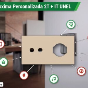 Placa Proxima Personalizada – Botoeira 2T + Tomada IT UNEL – Metal Bege Luxor
