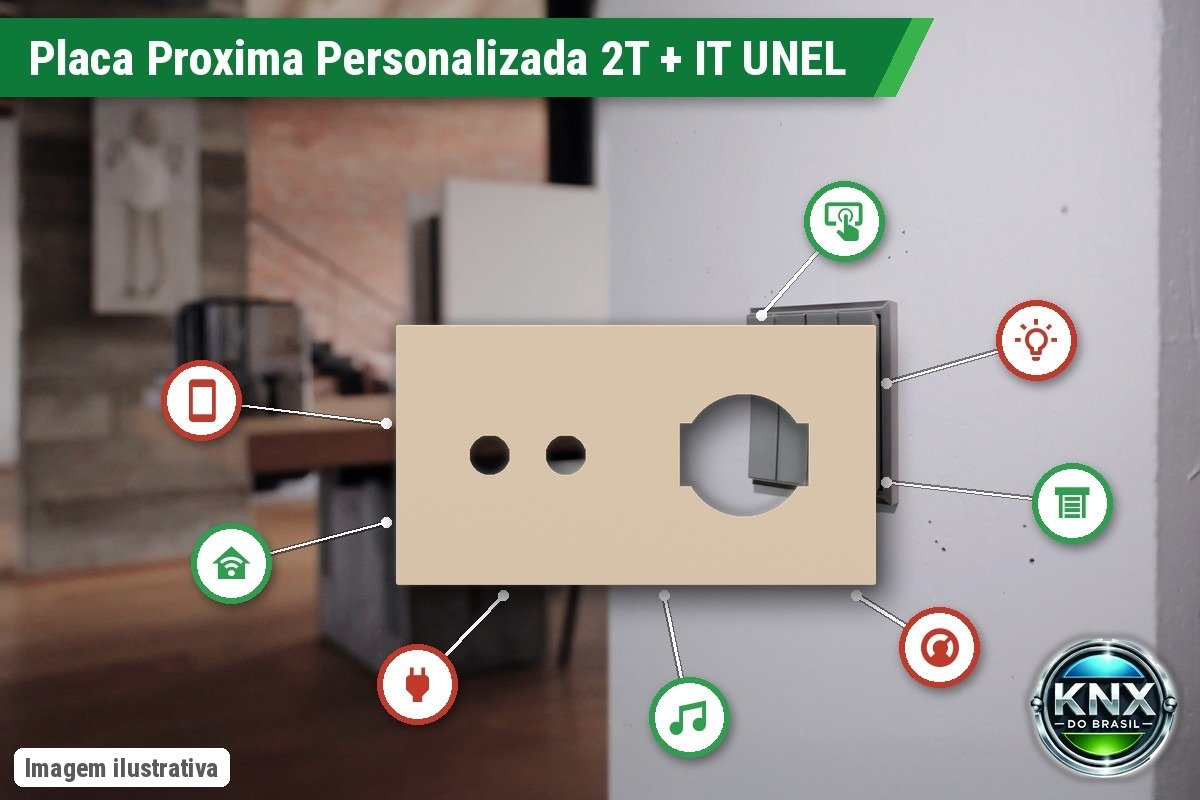 Placa Proxima Personalizada – Botoeira 2T + Tomada IT UNEL – Metal Bege Luxor