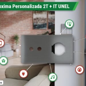 Placa Proxima Personalizada – Botoeira 2T + Tomada IT UNEL – Metal Quantum Carbon