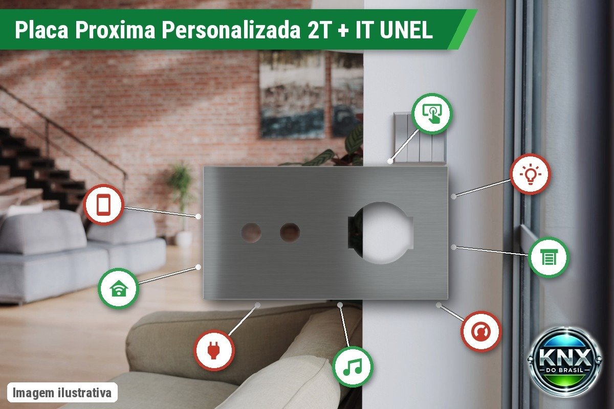 Placa Proxima Personalizada – Botoeira 2T + Tomada IT UNEL – Metal Quantum Carbon