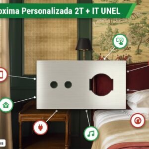 Placa Proxima Personalizada – Botoeira 2T + Tomada IT UNEL – Metal Aço Escovado