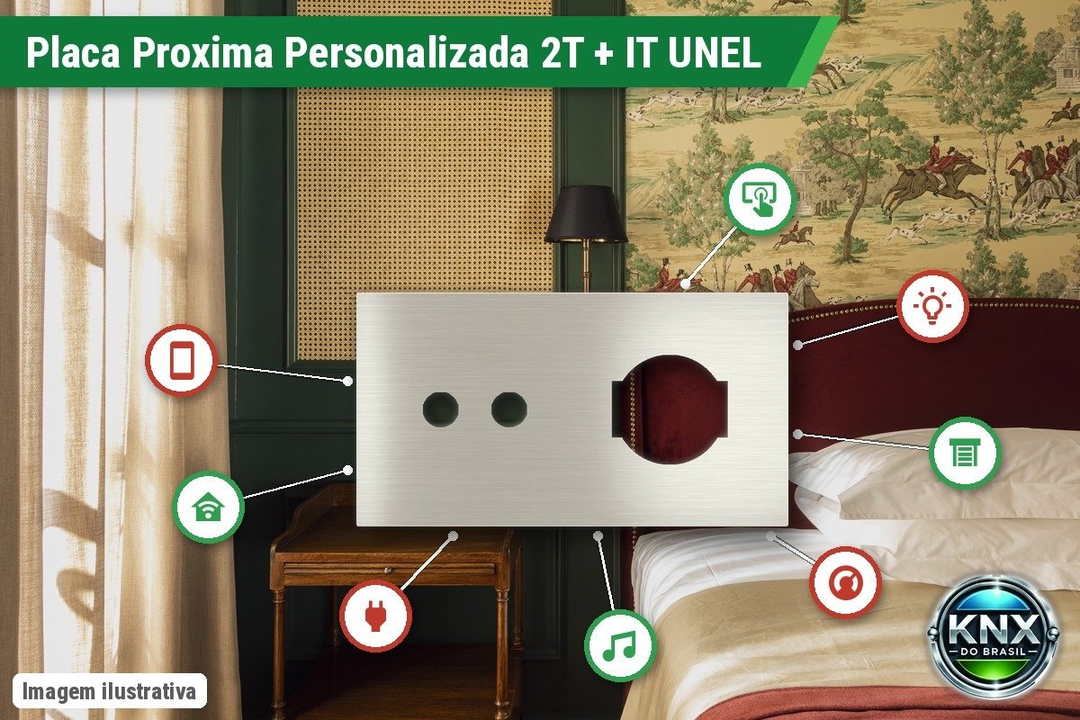 Placa Proxima Personalizada – Botoeira 2T + Tomada IT UNEL – Metal Aço Escovado