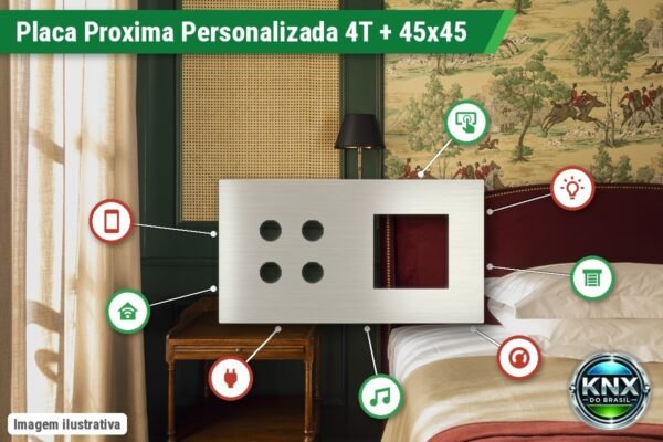 Placa Proxima Personalizada – Botoeira 4T + Janela 45x45 – Metal Aço Escovado