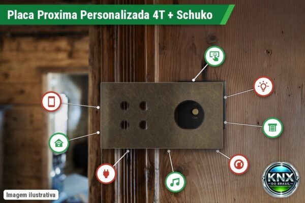 Placa Proxima Personalizada – Botoeira 4T + Tomada Schuko/FR/IL – Metal Bronze Corked