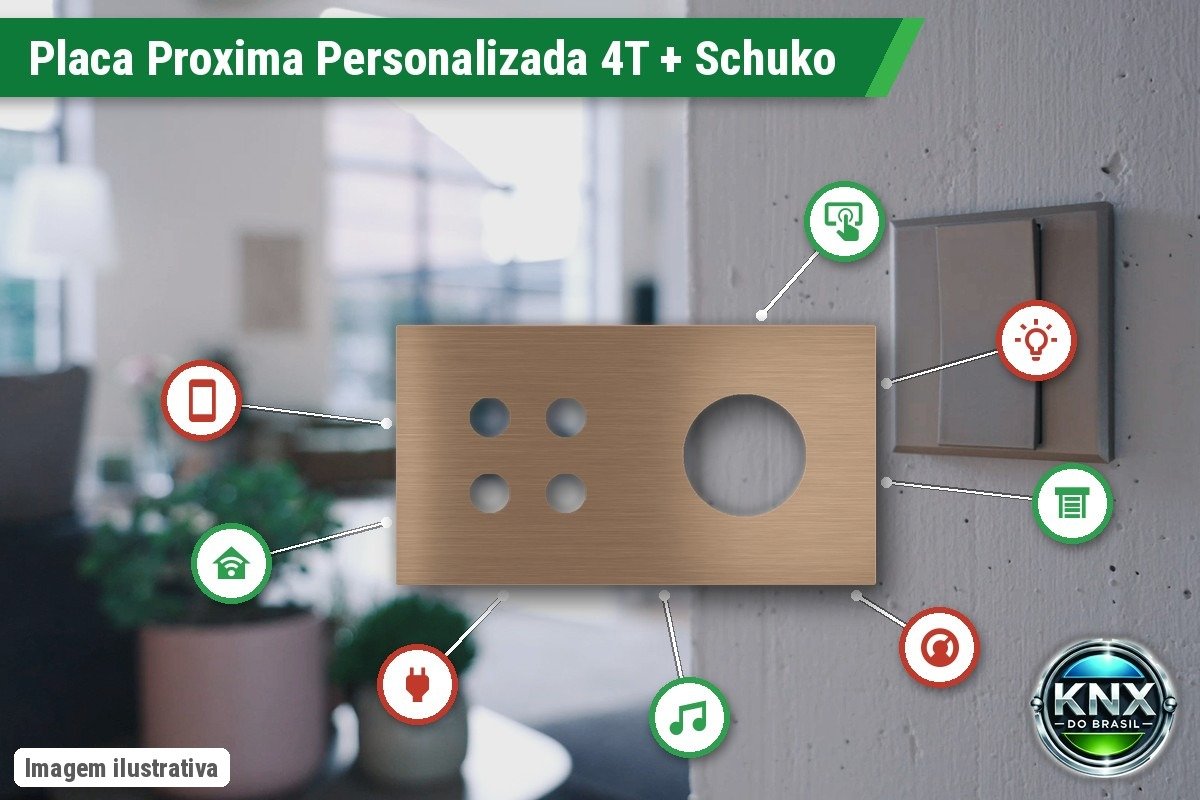 Placa Proxima Personalizada – Botoeira 4T + Tomada Schuko/FR/IL – Metal Dark Chocolate
