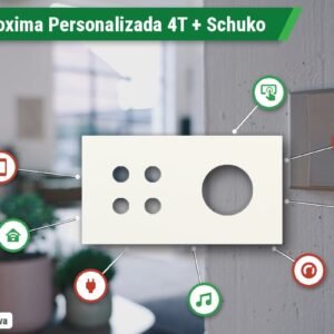 Placa Proxima Personalizada – Botoeira 4T + Tomada Schuko/FR/IL – Metal Branco Quente