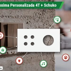 Placa Proxima Personalizada – Botoeira 4T + Tomada Schuko/FR/IL – Metal Branco Puro