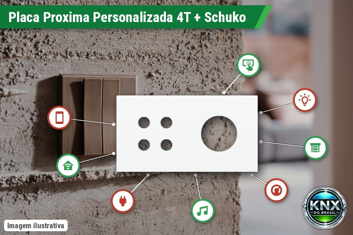 Placa Proxima Personalizada – Botoeira 4T + Tomada Schuko/FR/IL – Metal Branco Puro