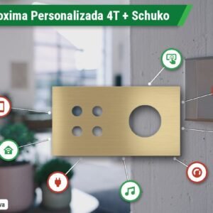 Placa Proxima Personalizada – Botoeira 4T + Tomada Schuko/FR/IL – Metal Latão