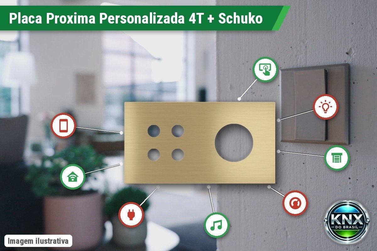 Placa Proxima Personalizada – Botoeira 4T + Tomada Schuko/FR/IL – Metal Latão