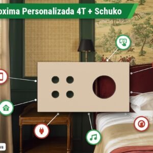 Placa Proxima Personalizada – Botoeira 4T + Tomada Schuko/FR/IL – Metal Bege Luxor