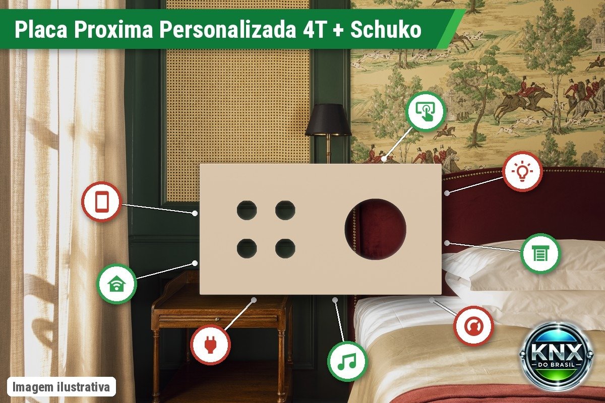 Placa Proxima Personalizada – Botoeira 4T + Tomada Schuko/FR/IL – Metal Bege Luxor