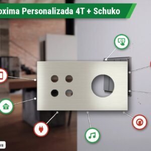 Placa Proxima Personalizada – Botoeira 4T + Tomada Schuko/FR/IL – Metal Aço Escovado