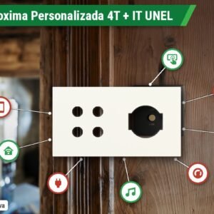 Placa Proxima Personalizada – Botoeira 4T + Tomada IT UNEL – Metal Branco Quente
