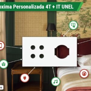 Placa Proxima Personalizada – Botoeira 4T + Tomada IT UNEL – Metal Branco Puro