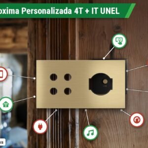Placa Proxima Personalizada – Botoeira 4T + Tomada IT UNEL – Metal Latão