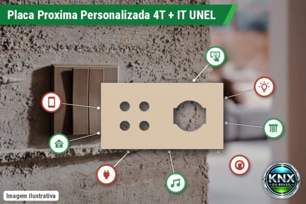 Placa Proxima Personalizada – Botoeira 4T + Tomada IT UNEL – Metal Bege Luxor Placa Proxima Personalizada – Botoeira 4T + Tomada IT UNEL – Metal Bege Luxor