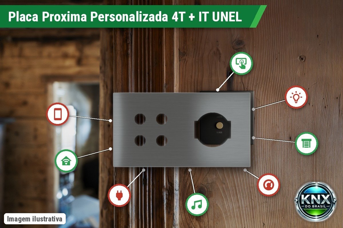 Placa Proxima Personalizada – Botoeira 4T + Tomada IT UNEL – Metal Quantum Carbon