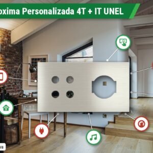 Placa Proxima Personalizada – Botoeira 4T + Tomada IT UNEL – Metal Aço Escovado