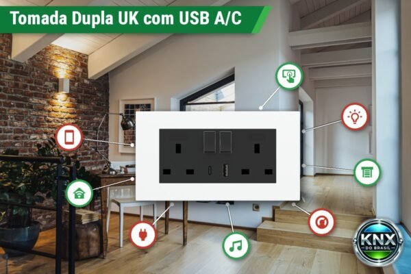 Tomada Dupla Padrão UK com USB A/C Tomada Dupla Padrão UK com USB A/C
